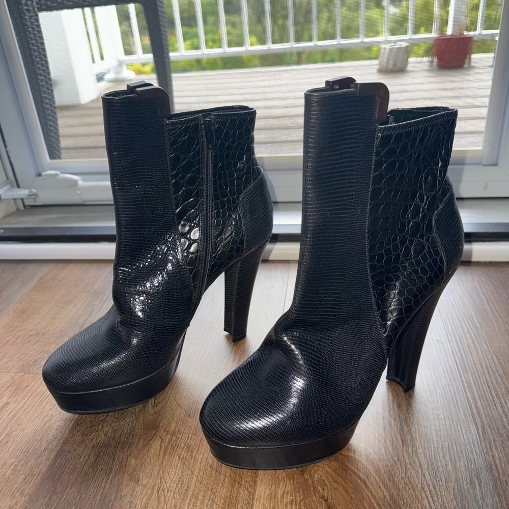 Viktor & Rolf Platform Ankle Boots Black Lizard Embossed Leather Eu 41 US 10.5